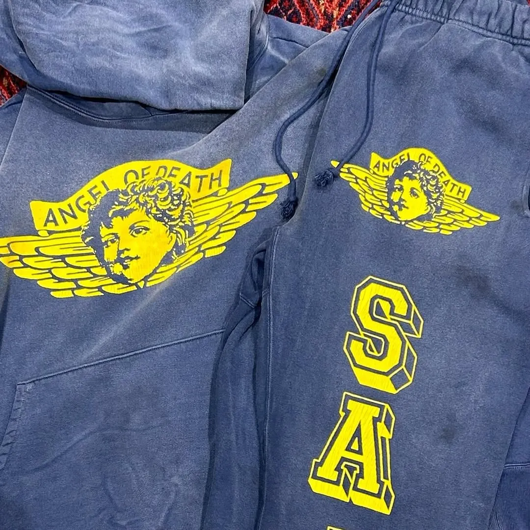SAINT M×××××× ANGEL HOODIE/NAVY Angel Reborn Blue Hoodie Washed Blue S-XL Assute Garment Dyeing Full Clothes Water Fading Mud Dyeing Dirty Distress New Vintage Ceiling God Tailoring Original Super Loose Fit Customized Original Accessories God-level Print Restoration